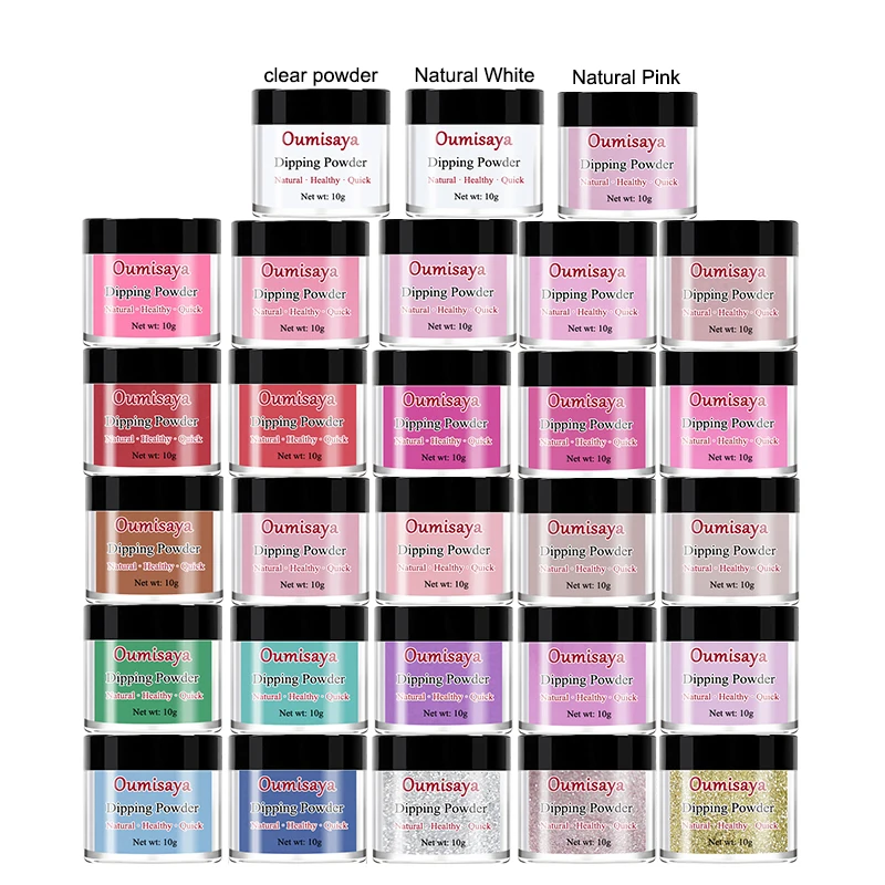 Koop 10G X 28 Stuks Set Roze Wit Clear Glitter Naakt Kleuren Oumisaya Nail Dompelen Poeder systeem (Geen Uv Led Licht Lamp Cure)