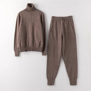 

Winter Sportswear Khaki Turtleneck Sweater Set Pants Set Girl Knitted Suit Two Piece Outfits 2 Piece Set Women Clothing Set Hot