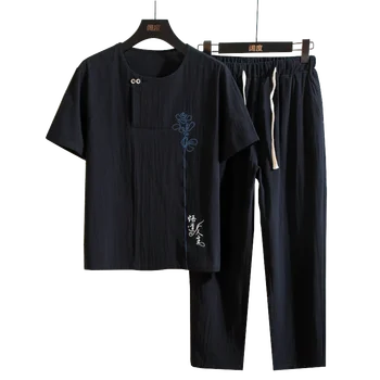 

Retro Style Mens 2-Piece set Big Size Summer Embroidered Shirt Short Sleeve & Pants Fashion Casual Mens Sets 5xl