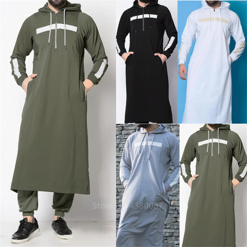 Men's Long Sleeve Saudi Arab Hoodies Kaftan Islamic Jubba Abaya Arabic Loungwear 