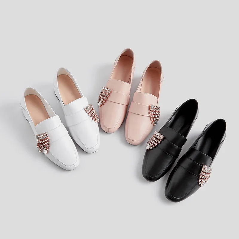 

2019 Spring New Style Versitile Fashion Man-made Diamond round-Toe Buckle Low Heel Slip-on England Shoes Black And White Pink