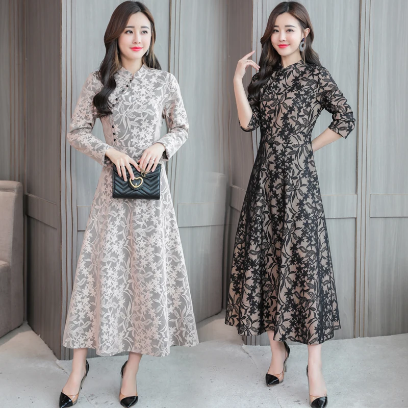 aodai, китайский стиль, Восточный чонсам, женское кружевное платье с цветочной вышивкой, полная длина, улучшенное, Ципао, женское элегантное платье
