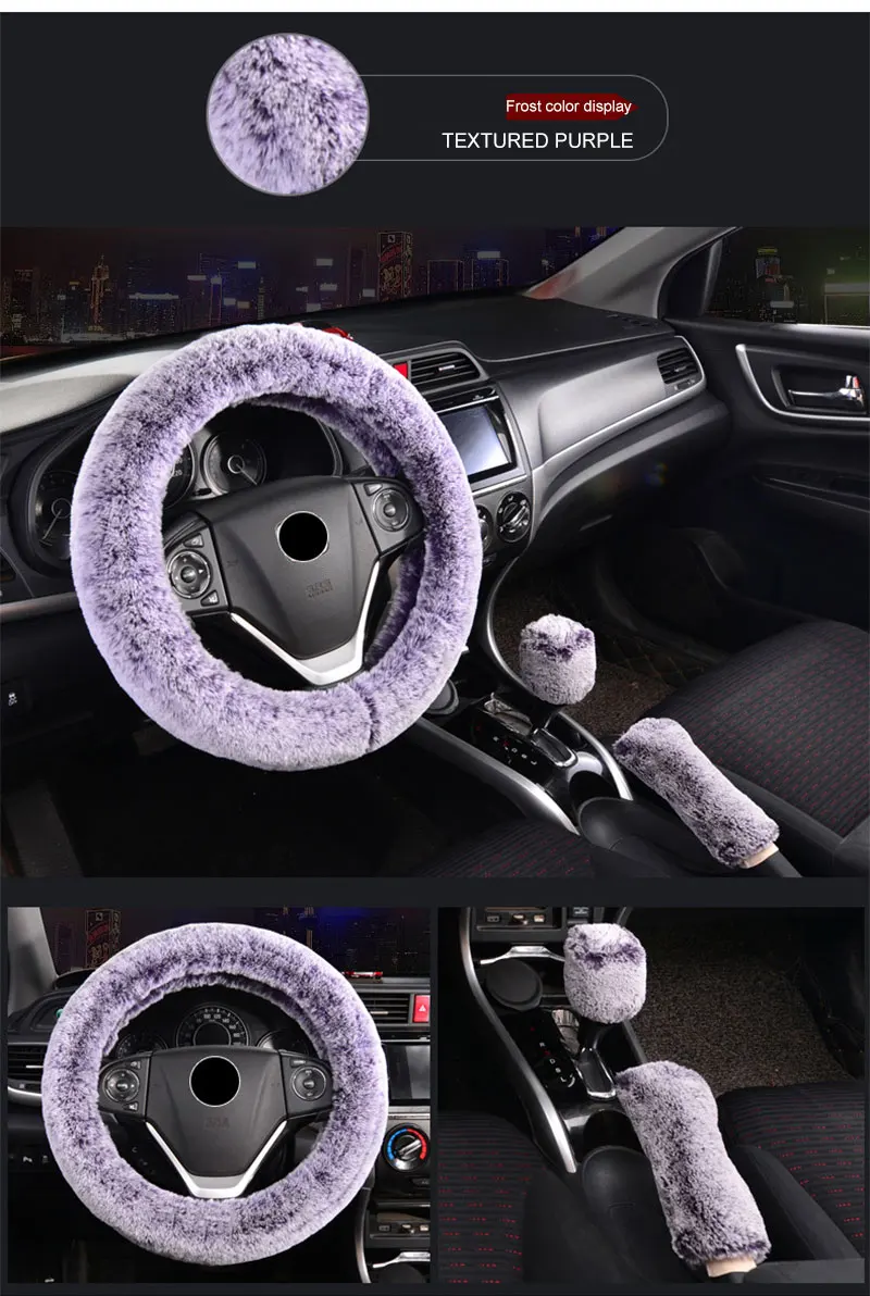 Winter Artificial Rabbit Hair Car Steering Wheel Cover Cute Warm Plush Car Handle Gear Set Lever Hand Brake Set Three-Piece