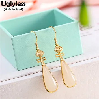 

Uglyless China Unique Musical Instrument Lute Earrings for Women Elegant Water Drop Jade Earrings Real 925 Silver Brincos Gold