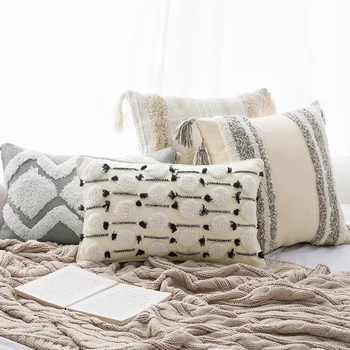 

Morocco Embroidered Cushion Cover Grey Beige Geometric Canvas Cotton Square Embroidery Pillow Cover 30x50cm Decorative PillowCae