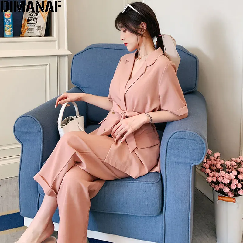 

DIMANAF 2020 Plus Size Women Female Blazer Suits Summer Lace Up New Office Ladies Shorts Long Pant Suits Two-Piece Oversize 5XL