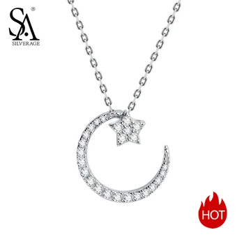 

SA SILVERAGE 925 Moon Star Pendant Necklaces for Women Chokers Necklaces Fine Jewelry Silver Chain Necklace Silver 925