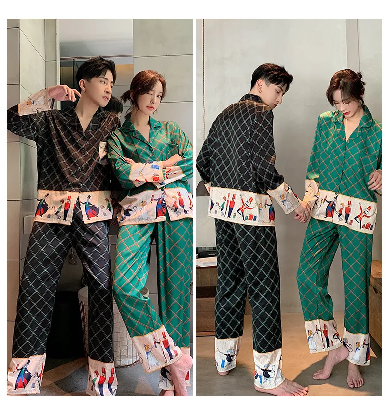 Unisex Adult Couple Pajamas Summer Long-sleeved 2 Pieces Ice Silk Female Cartoon Pajamas Set Long Sleeve Men Home Service Suit black pajama pants