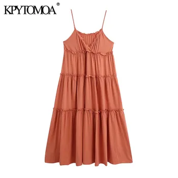 

KPYTOMOA Women 2020 Chic Fashion With Ruffled Midi Dress Vintage V Neck Adjustable Straps Female Dresses Vestidos Mujer