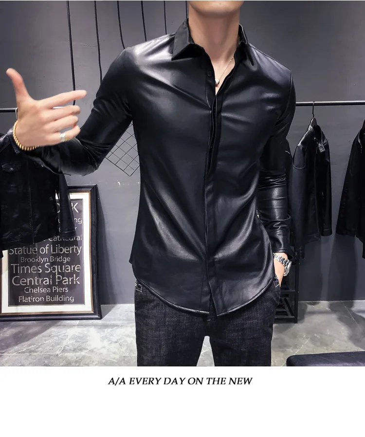 Модная Корейская-Стиль осень стиль владельца магазина-Стиль Slim Fit Sportsman кожаные пальто Для мужчин рубашка воротник раскладная кровать с отложным воротником жесткая
