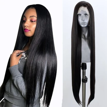 

RONGDUOYI Side Part Heat Resistant Black Synthetic Hair Lace Front Wig Long Silky Straight Glueless Front Lace Wigs for Women