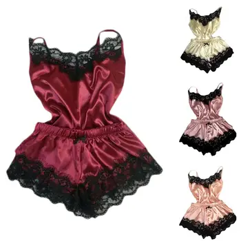 

2Pcs Lady Sleepwear Sexy Satin Pajamas Set Lace Cami and Shorts Sleeveless Nightwear for Women