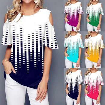 

2020 Summer Fashion Women Sexy Hole Ruffles Printed Tops Tees Shirt Plus Sizes Femme Casual Off Shoulder T-Shirt Befree Boho
