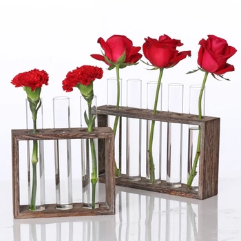 

Glass Planter Propagation Station Modern Flower Bud Vase in Wood Stand Rack Tabletop Terrarium for Hydroponics Plants