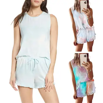 

Women Tie-Dye Short Pajamas Set Tank Tops Ruffles Drawstring Shorts Loungewear M6CD