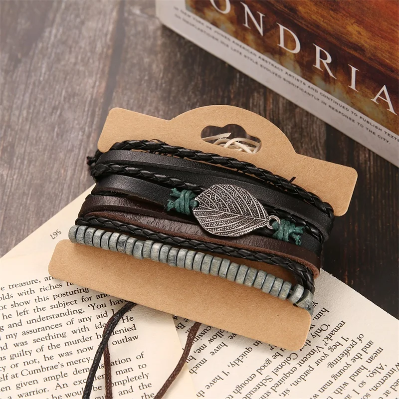 Vintage Multiple Layers Leather Bracelet Set bracelet jewelry For Men Women Charm Leaf Feather Stone Wood Beads Wrap Bracelets Pulseras