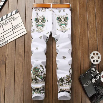 

New Arrival Mens Casual Trousers Fashion Printing Floral Male Denim Pants Hip Hop Motorcycle Pants For Men Slim Fit Pencil Pants