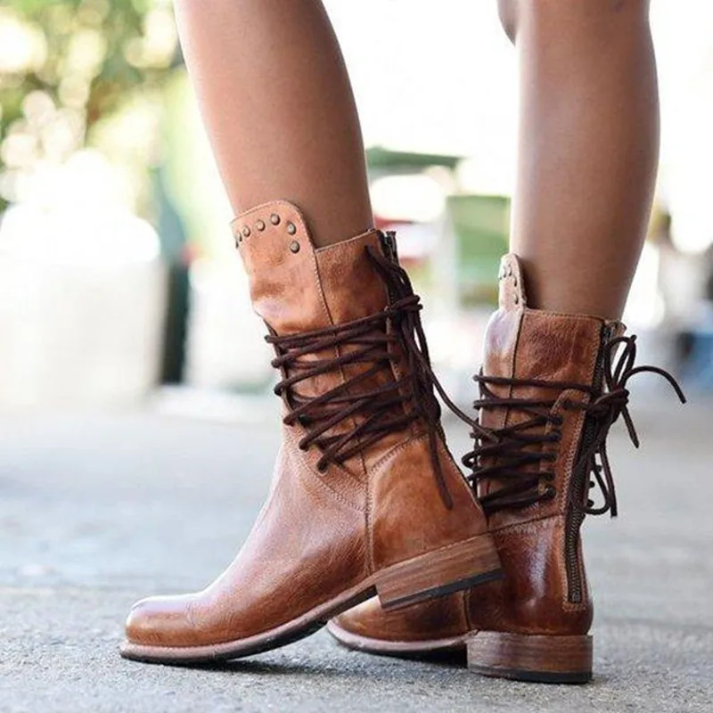 Online Botas de Invierno para mujer de cuero PU a media pantorrilla con cordones con cremallera botas de tacón grueso remache de tubo corto zapatos de mujer de moda botas de mujer Martin