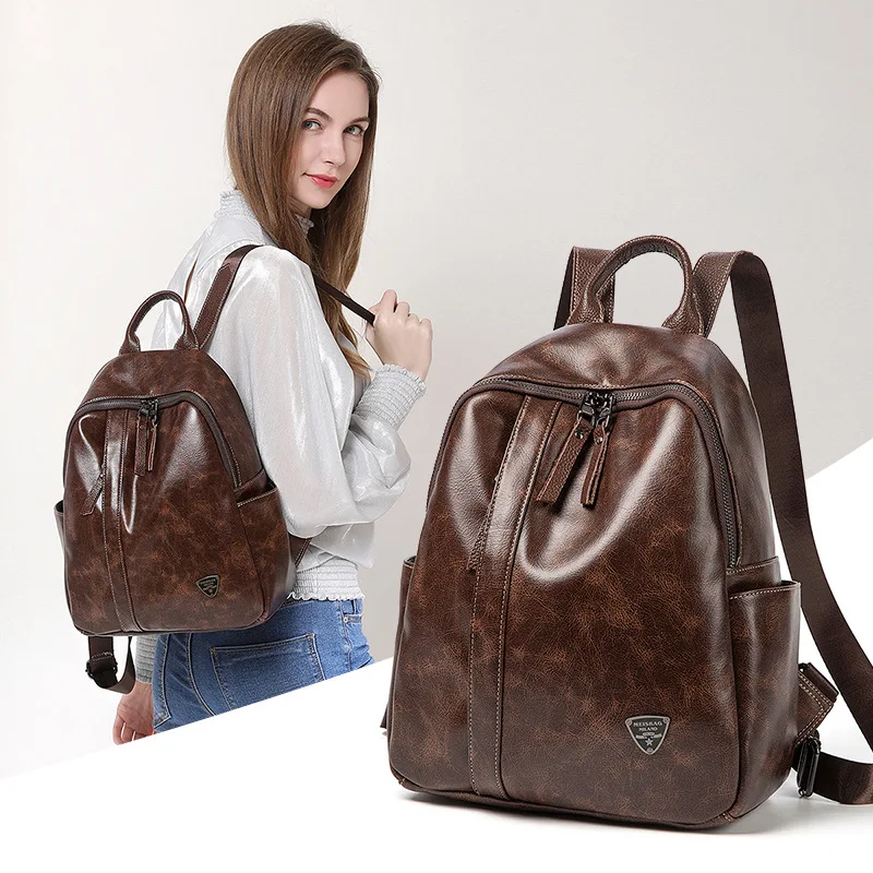 

2019 New Style Western Style Simple Retro Oil Wax Leather Backpack Women's Waterproof Casual Backpack Travel School Bag