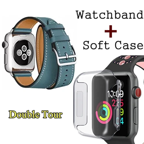 Herm логотип на застежке Свифт кожаный двойной один тур часы ремешок для Apple Watch серии 5 4 3 44 мм 40 мм браслет для iWatch - Цвет ремешка: Sky Blue