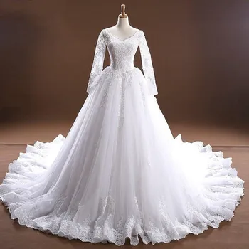 

Modest V neck A line Lace Wedding Gown For Bride Long Sleeves Applique Lace Tulle Ruched Wedding Bridal Gown