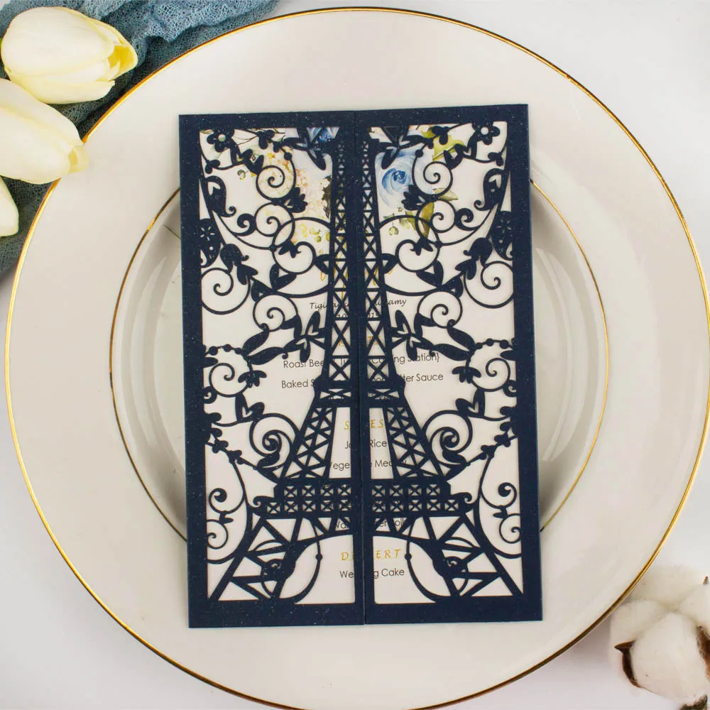 Tarjeta de invitación de boda de la Torre Eiffel cortada con láser, azul  marino, piezas, cumpleaños, quinceañera, invitaciones de fiesta de  compromiso nupcial, 1 unidad - AliExpress, image size:1000x1000