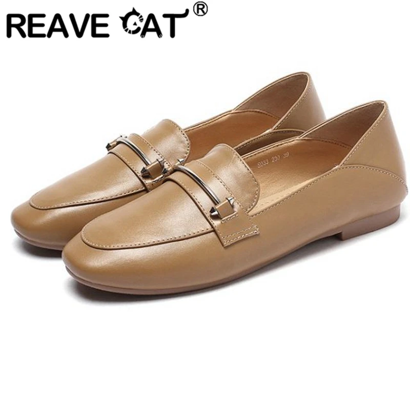 

REAVE CAT Office Lady Shoes Pumps Round Toe Slip-on Metal Decoration Size 34-43 Solid Black Beige Apricot Concise Spring S2884