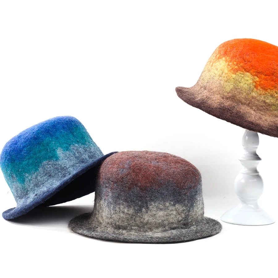 

Retro Bucket Hat Autumn Winter Wool Hats Gradient Fisherman Hat For Women Handmade Wool Flat Cap For Christmas Gift Basin Cap