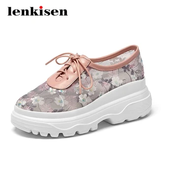 

Lenkisen leisure embroidery thick bottom waterproof flower sneaker round toe lace up beauty lady daily wear vulcanized shoes L03