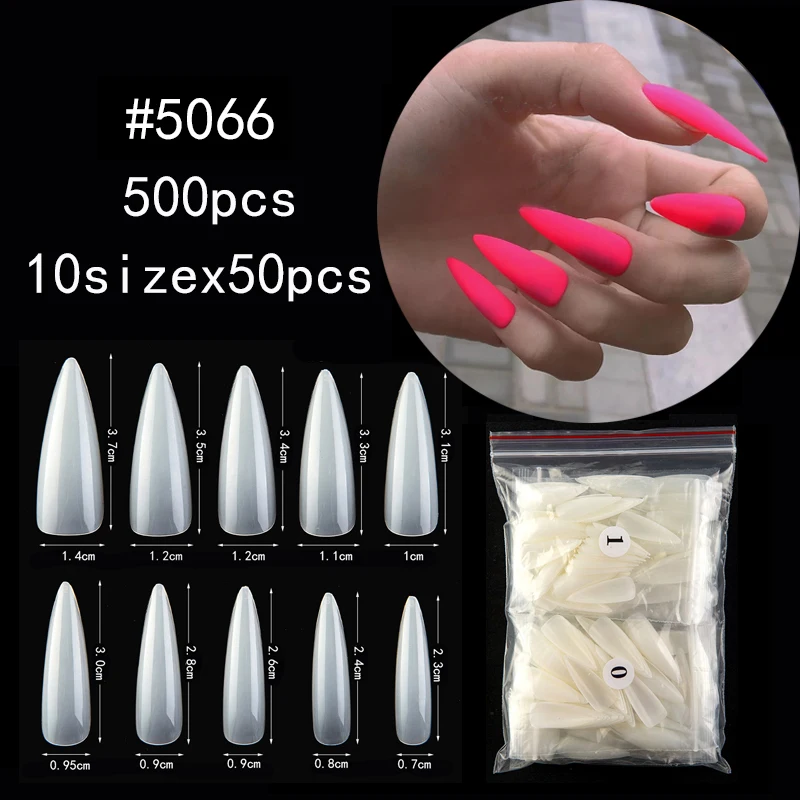 

500pcs False nail tips with 10 sizes Nail Tips Stiletto French Acrylic False Nails ABS Tips Artificial 0 -9 sizes Nail Art Tips