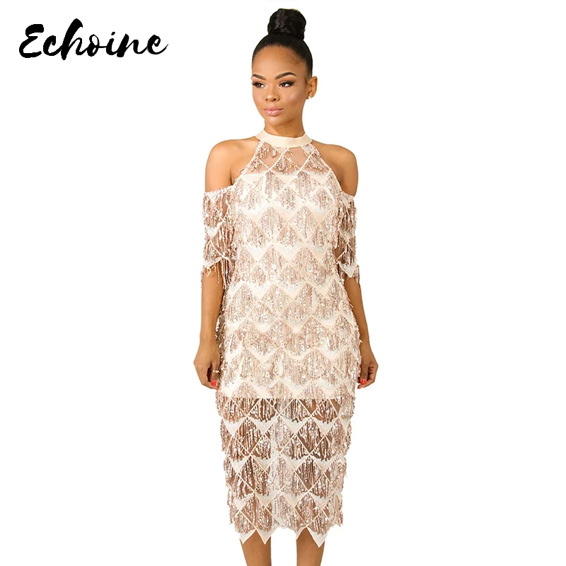 Echoine Fringe Sequin миди платье на молнии сзади женское сексуальное платье со стоячим вырезом и открытыми плечами с коротким рукавом прозрачное блестящее вечернее платье