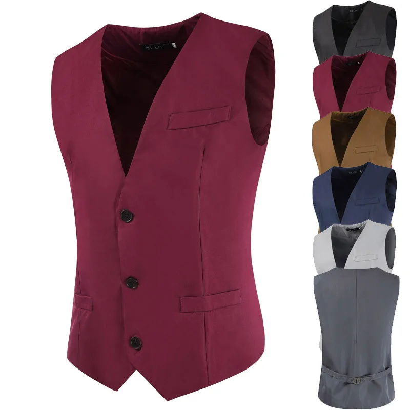 Стиль Модный повседневный простой мужской однотонный однобортный приталенный жилет с v-образным вырезом