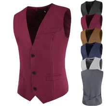 Стиль Модный повседневный простой мужской однотонный однобортный приталенный жилет с v-образным вырезом