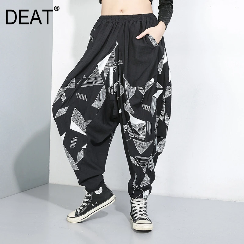 

[DEAT] High Elastic Waist Pocket Print Mixed Color Trousers New Loose Fit Pants Women Fashion Tide Spring Autumn 2019 1B692