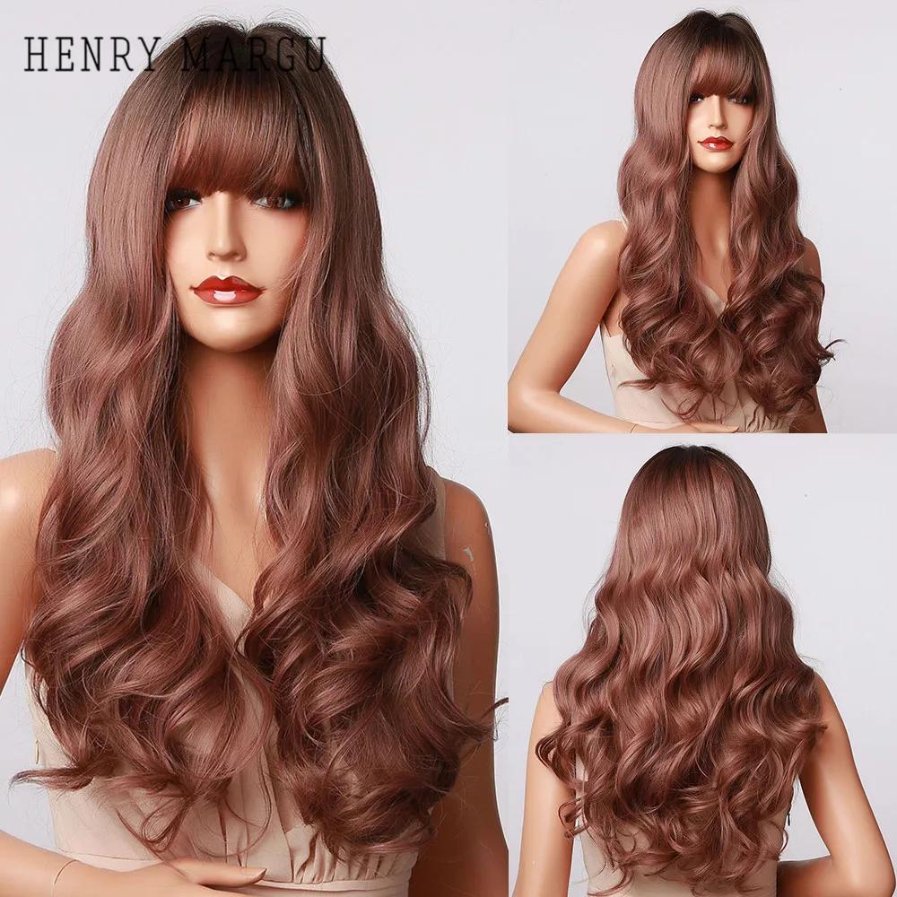 

HENRY MARGU Long Brown Ombre Synthetic Women Hair Wigs With Bangs Natural Wavy Wigs For Party Cosplay Heat Resistant Wigs