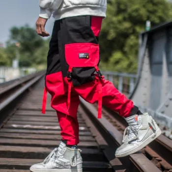 

Outono rua hip hop do punk calças da carga dos homens com muitos bolsos cintura elástica sweatpants corredores masculino cor pat