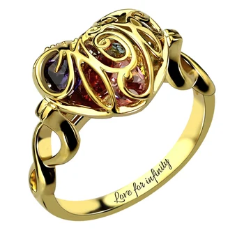 

AILIN Gold Color Caged Heart Mother's Birthstone Ring Engraved Infinity Name Ring Birthstone Ring for Mother