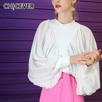 

CHICEVER Patchwork Mesh Ruched Female Blouses O Neck Batwing Long Sleeve Loose Autumn Shirt For Women Clothing Fashion 2020 Tide