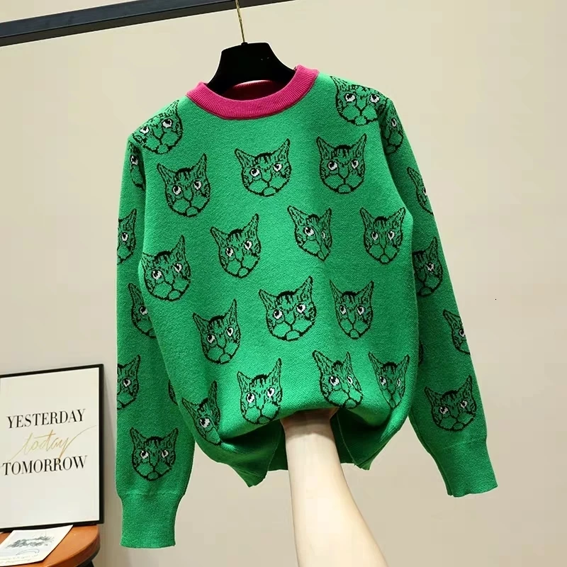 Harajuku Модный женский свитер, теплый жаккардовый свитер с длинными рукавами и рисунком кота из мультфильма, трикотажная одежда на осень и зиму, Женский Повседневный пуловер, вязаный Топ
