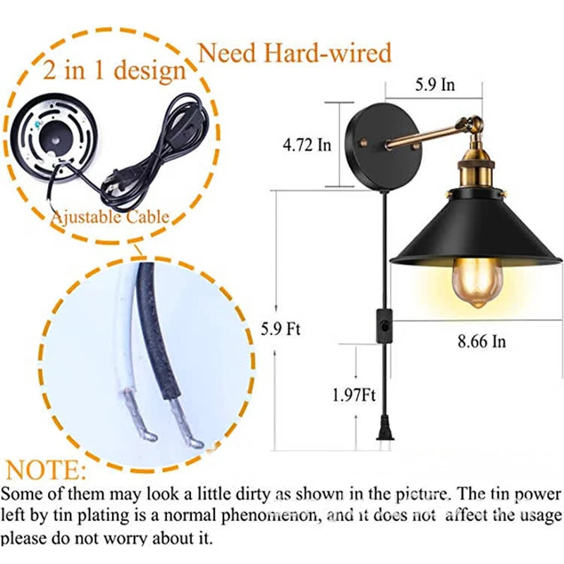 Американский кантри настенный светильник бра промышленные железные ретро лампы с выключателем + штекер интерьерный настенный светильник