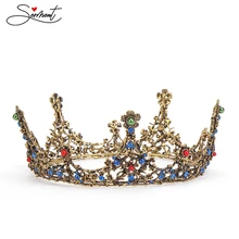 Сермент барокко свадебная корона свадебный головной убор королева винтажная круглая корона головной убор синий красный драгоценный камень Золотая Корона Свадьба