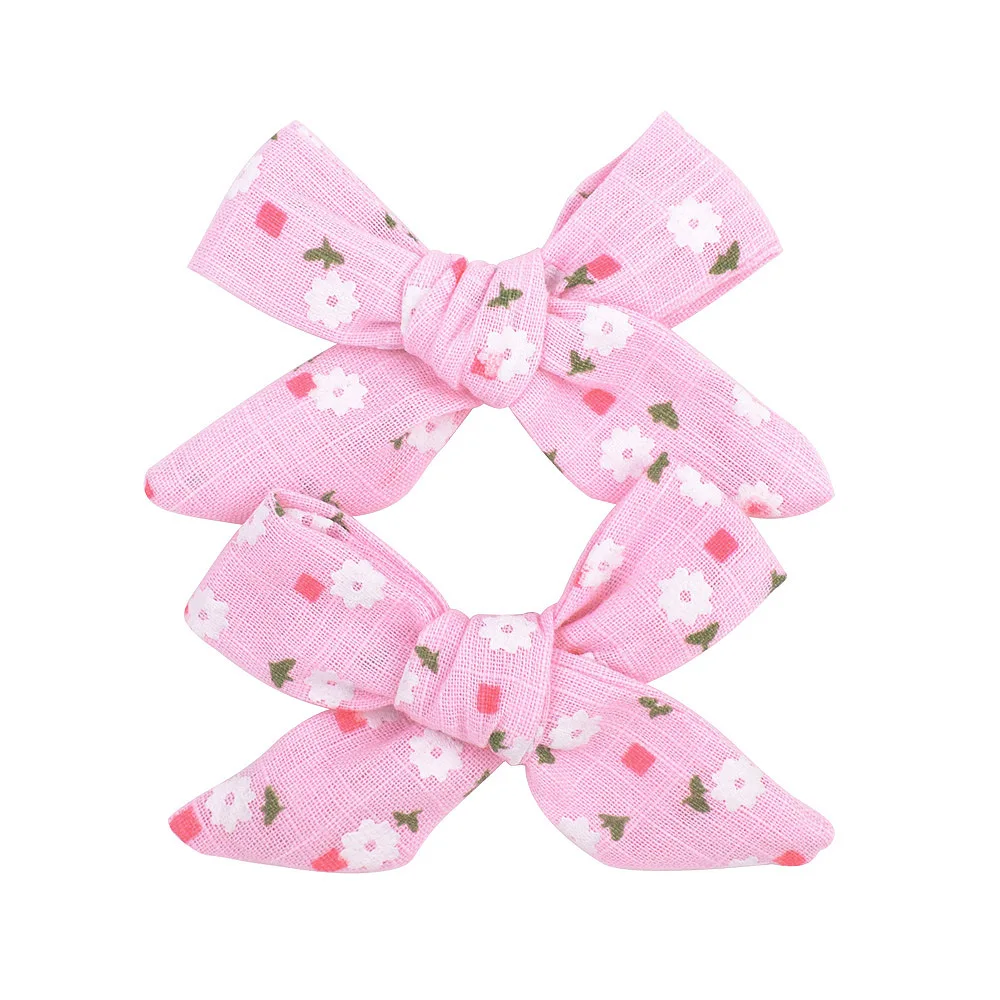 2 pcs/lot, Floral print Cotton Linen Schoolgirl Bow hair clips, Handtied Hair Bow Clips, Baby shower gift