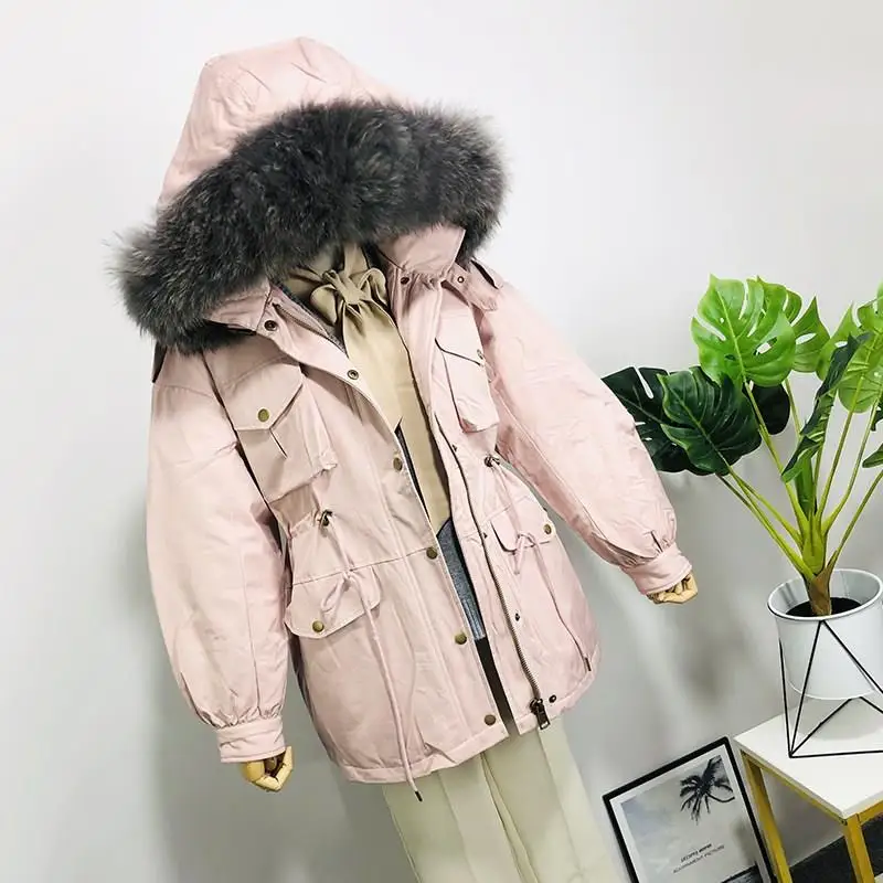 Pink3 Зимняя куртка для женщин, пальто для женщин, белая утка, парки, сплошной меховой воротник, с капюшоном, перо, белая утка, куртки - Цвет: Pink3