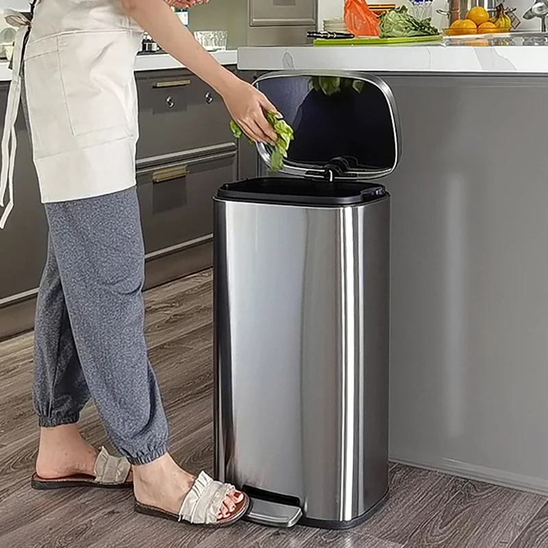 

30L/50L Trash Bin,Stainless Steel Garbage Bin with Pedal,Trash Can with Flat Lid for Bedroom Storage Bins,Kitchen Trash Can