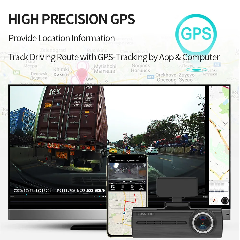 Sameuo 2K 대시 캠 U750 WIFI GPS APP 자동 비디오 레코더 듀얼 렌즈 1080P 나이트 비전 루프 녹화 대시 자동차 카메라