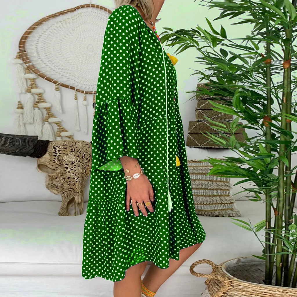 Boho женское платье, женское свободное платье в горошек, рукав три четверти, мини платье, летнее платье, v-образный вырез, вечерние, Клубная туника, Пляжное Платье# G7