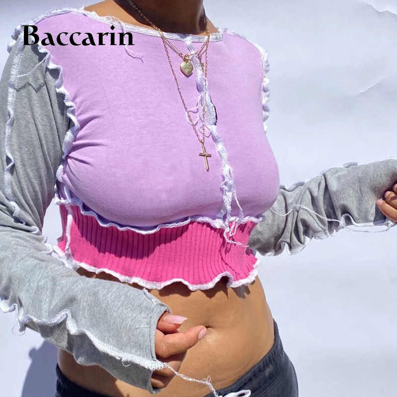 

Baccarin Patchwork Vintage Women T Shirt Long Sleeve O Neck Crop Top Bodycon Sexy Streetwear 2020 Autumn Winter Clothes Casual