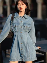 

Korean Fashion Style Spring Autumn Women dress Denim Long sleeve Oversize Slim Casual Ladies Denim dresses Plus size S-5XL