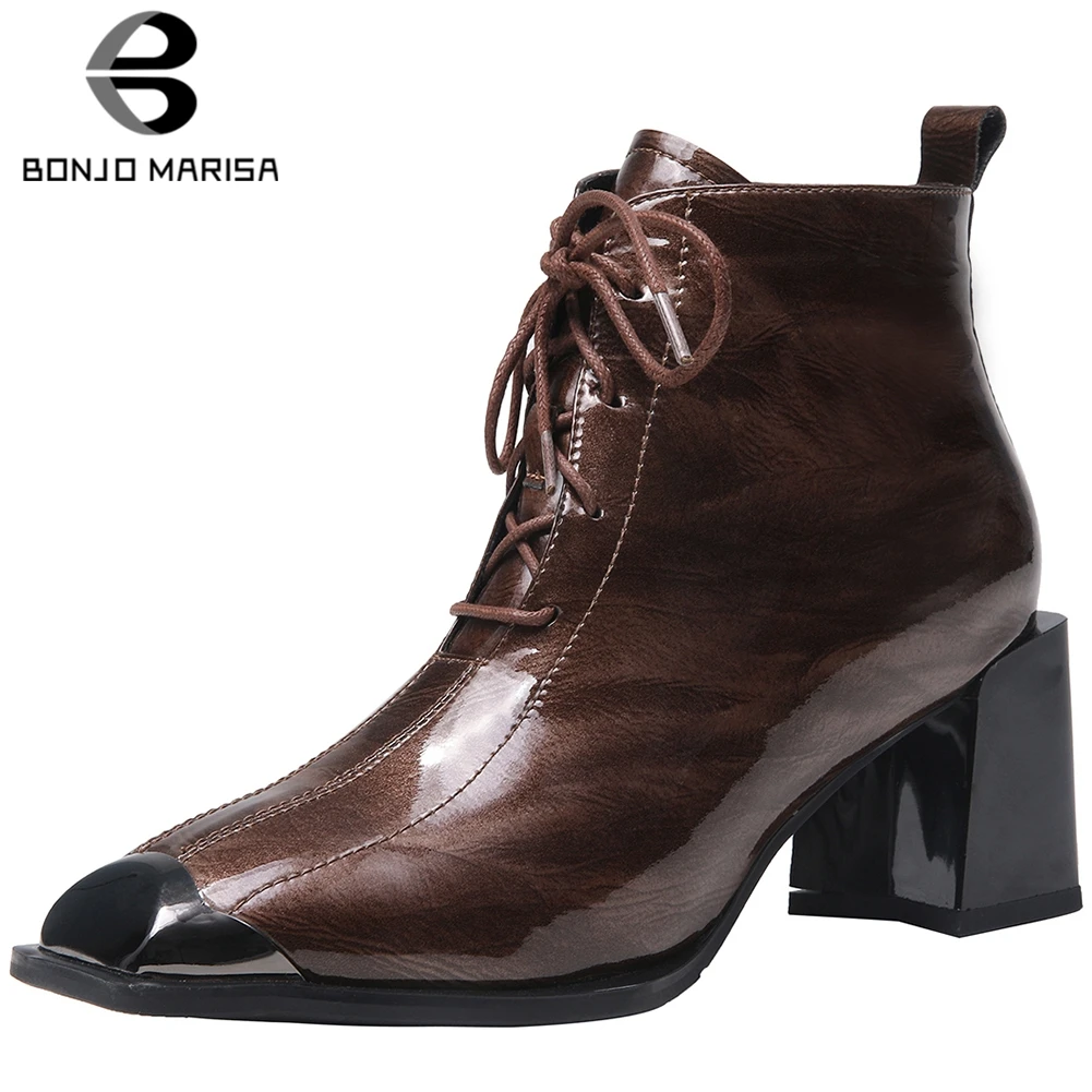 

BONJOMARISA New Brand Metal Decorating Booties Ladies High Quality Patent PU Ankle Boots Women OL High Heel Shoes Woman
