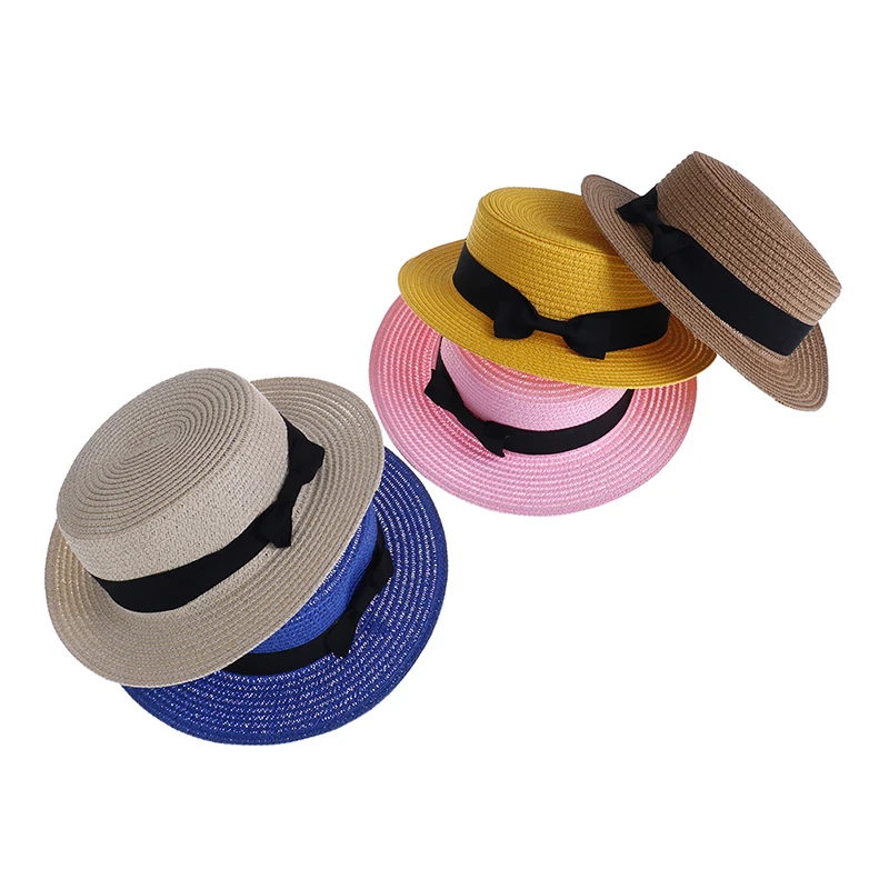 2-8T Mother Lovely Bowknot Flat Wide Brim Cap Summer Boho Straw Sun Hat Daughter Macthing Beach Cute Hat Women Kids Baby Girls